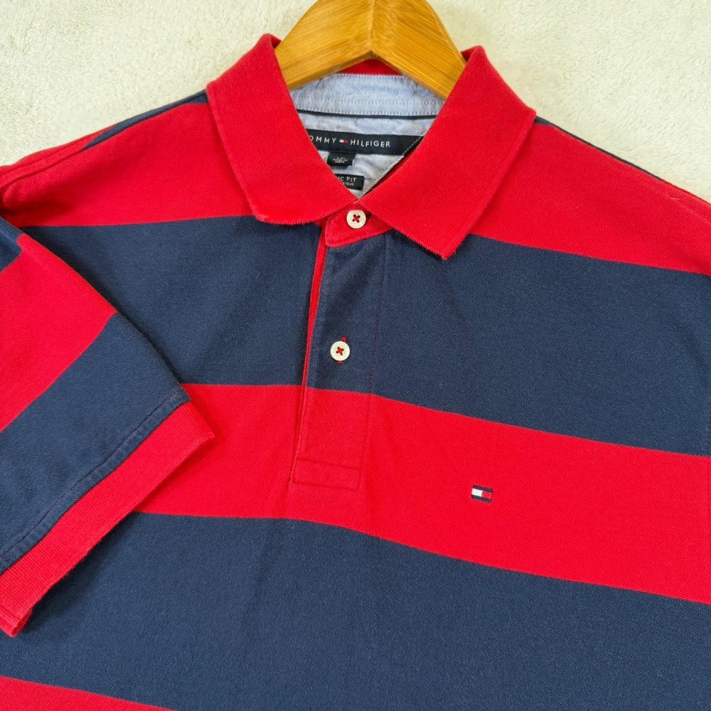 Tommy Hilfiger Mens Polo‎ Shirt Red Navy Blue Striped Classic Fit Large L Preppy